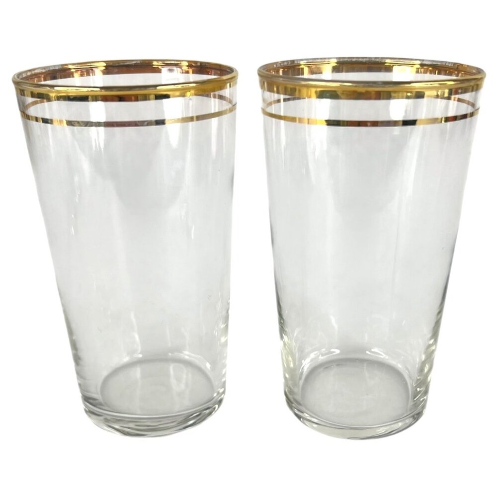 Set Of 4 Vintage Gold Rimmed Clear Glass Tumblers 8 Ounce Barware Drinking Glass - Picture 3 of 9